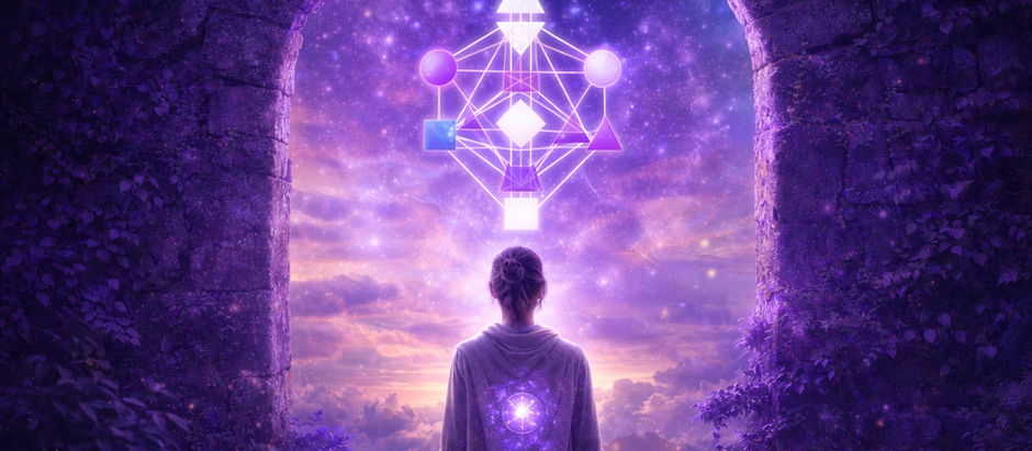 Seljaga seisev inimene astub läbi iidse kivivärava lilla ja roosaka valgusega täidetud ruumi, kus hõljub särav Human Design BodyGraphi sümbol taevas