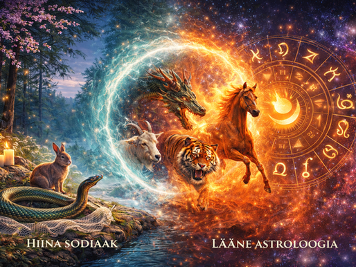 Hiina sodiaagi loomad ja lääne astroloogia sümbolid ühes maastikus – ringjas valgus eristab tsüklilist aega ja isiklikku elulugu, sümboliseerides kahe ajasüsteemi koosmõju.
