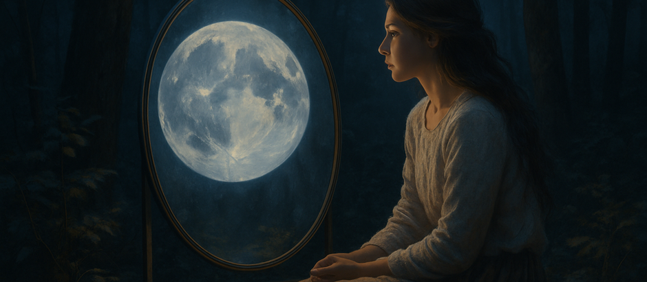 Inimene kuuvalguses metsas, helendavate peegelduste keskel, sümboliseerimas Human Designi reflektori tundlikku ja peegeldavat olemust