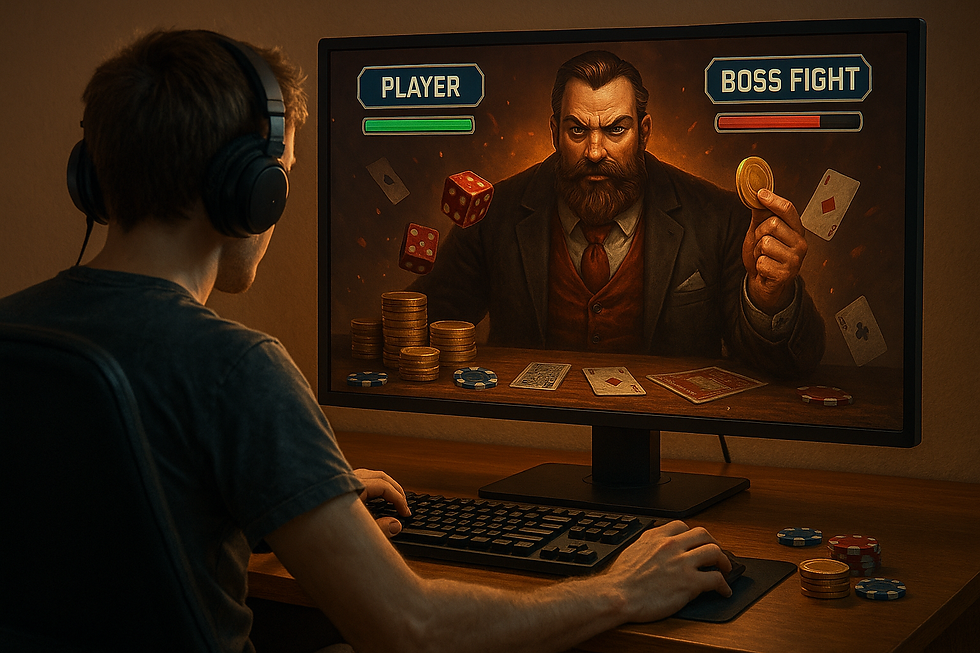 Digitaalse stiiliga stseen, kus mängur seisab silmitsi hiiglasliku kasiino-bossiga – sümboliseerib online kasiino läbimängunõudeid ja strateegilist väljakutset.
