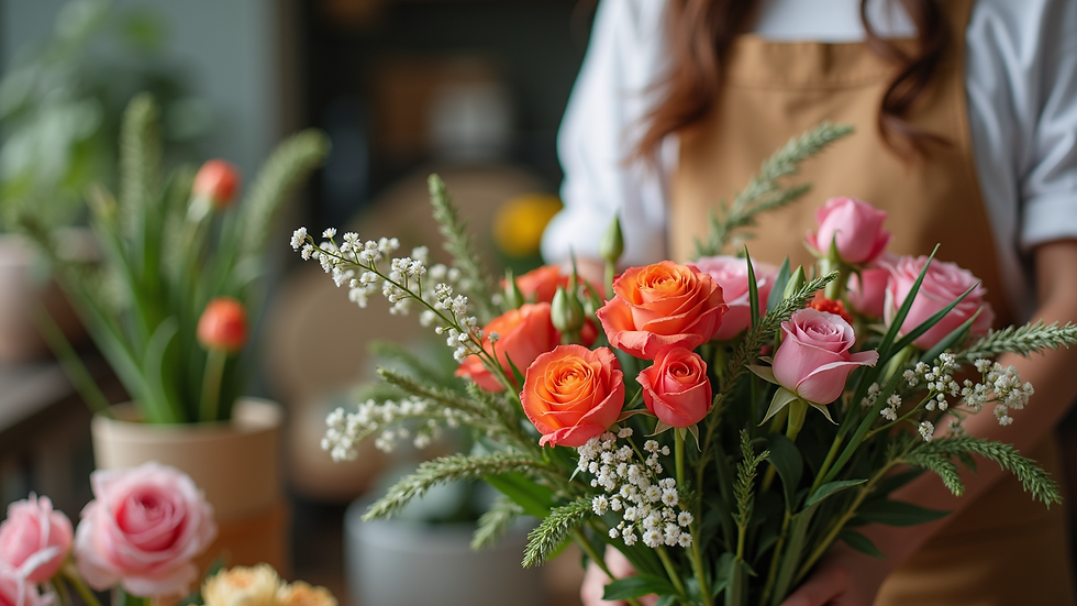 Close-up view of a florist arranging a bouquet of fresh flowers