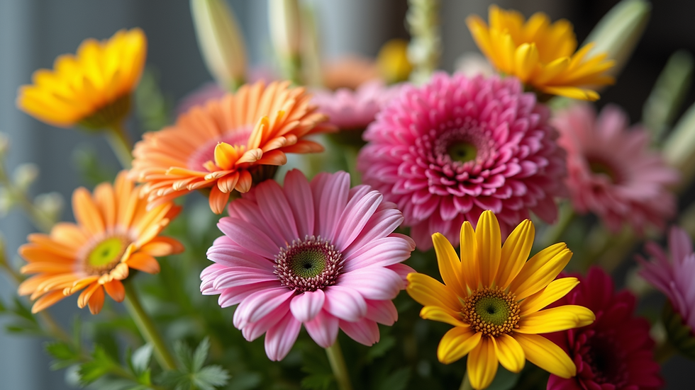 Close-up view of a vibrant bouquet of mixed fresh flowers