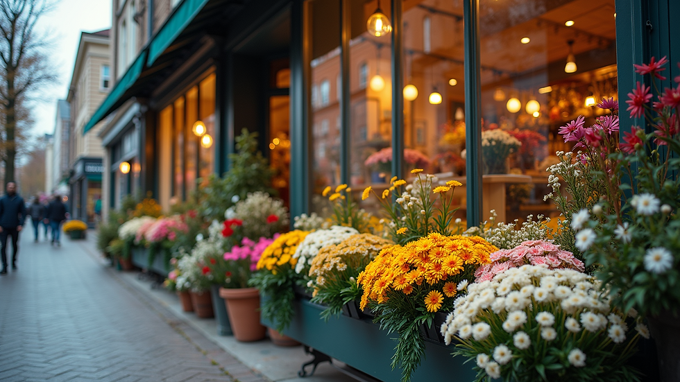 Eye-level view of a flower shop storefront with colorful floral arrangements displayed outside