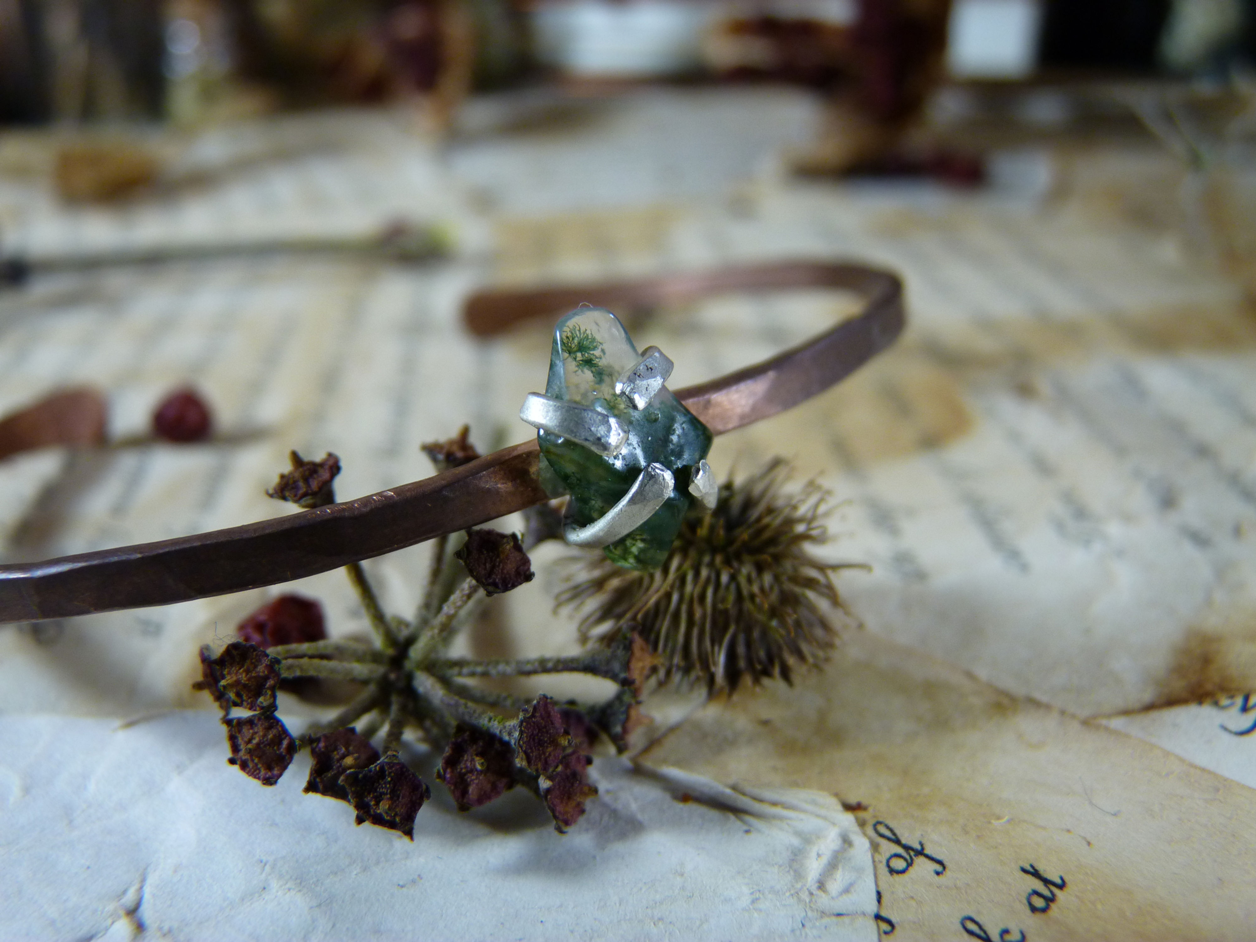 Earthen Witch - Moss Agate and Copper Bangle