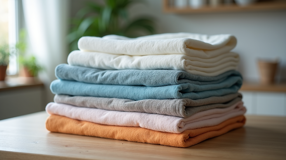 High angle view of folded laundry neatly stacked on a table