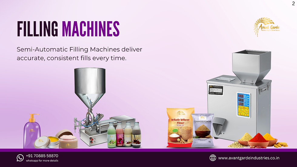 Semi-automatic filling machines with jars, bottles, and powder packs on a purple background. Text: Filling Machines, Avant Garde logo.