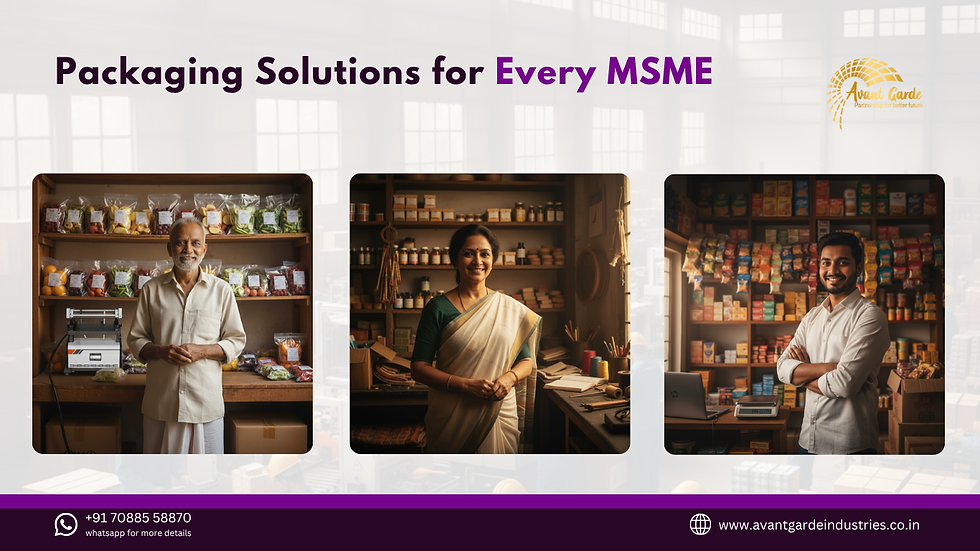 Three people in shops, smiling at the camera. "Packaging Solutions for Every MSME" text above, contact details at the bottom.