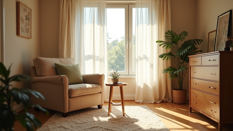 Eye-level view of a cozy room with soft lighting and a comfortable chair