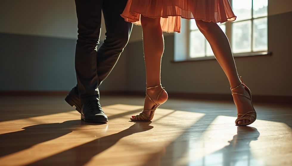 Eye-level view of a dance studio with wooden floors and mirrors