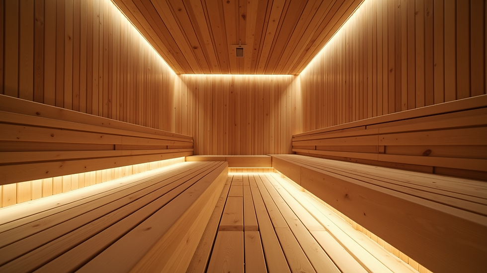 Eye-level view of a modern sauna room with wooden benches