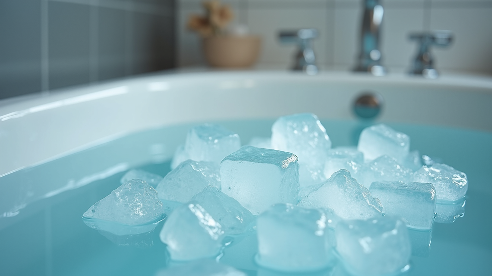Close-up view of an ice bath tub filled with cold water and ice cubes