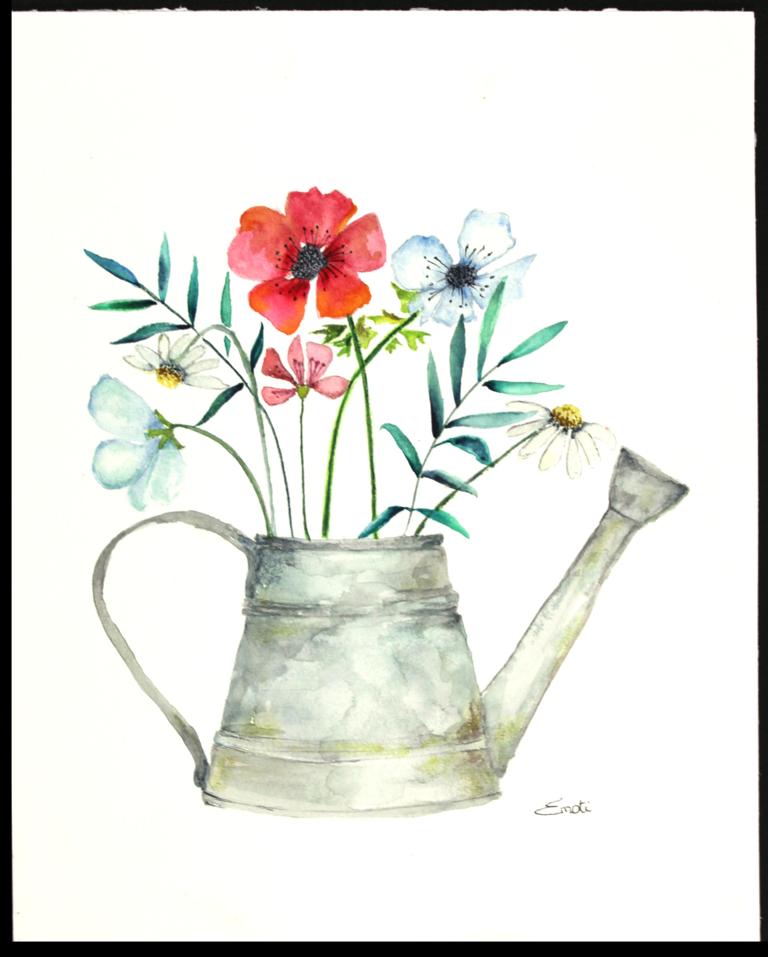 Aquarelle Originale - Arrosoir fleuri