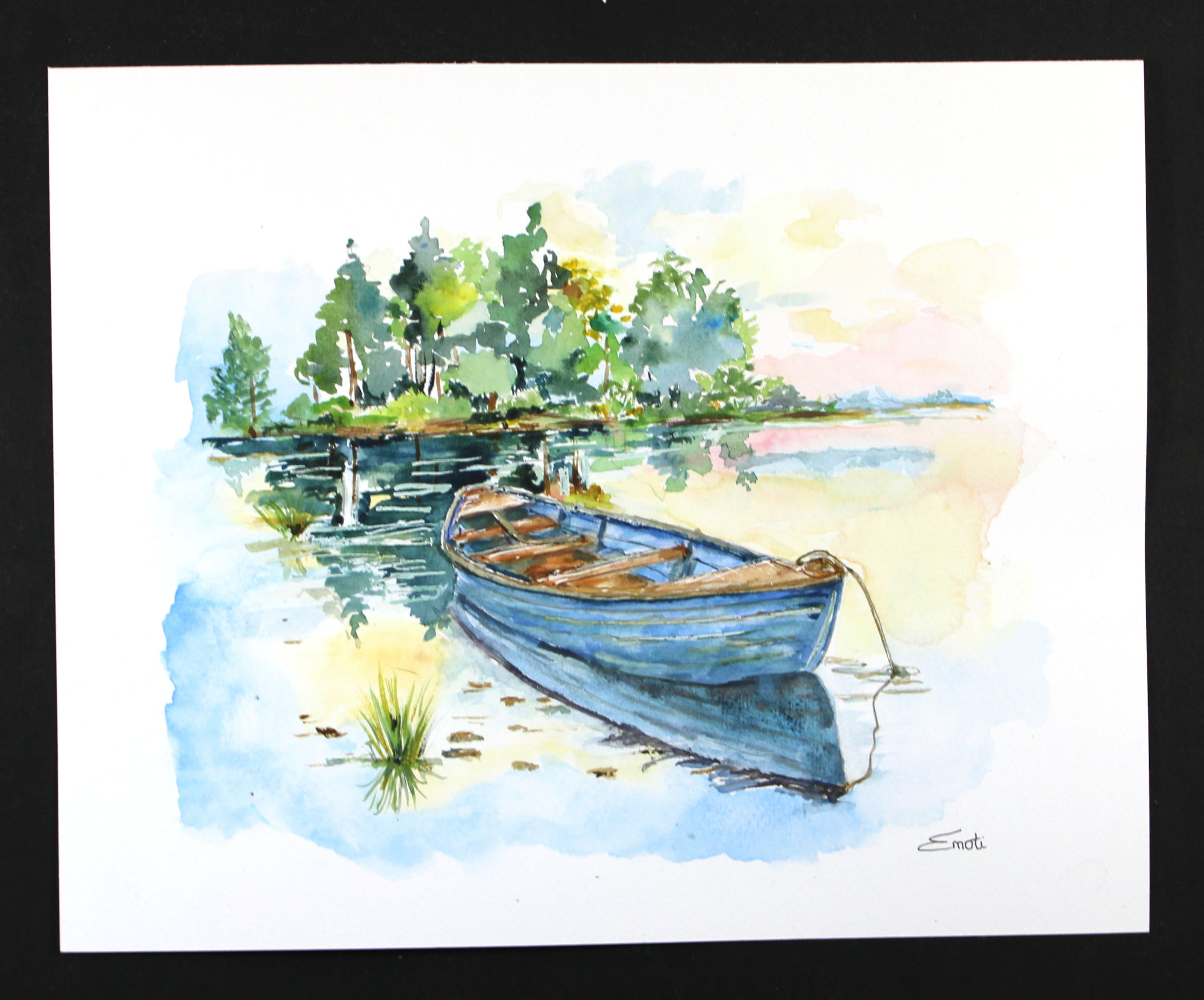 Original Watercolor - Landscape with blue boat