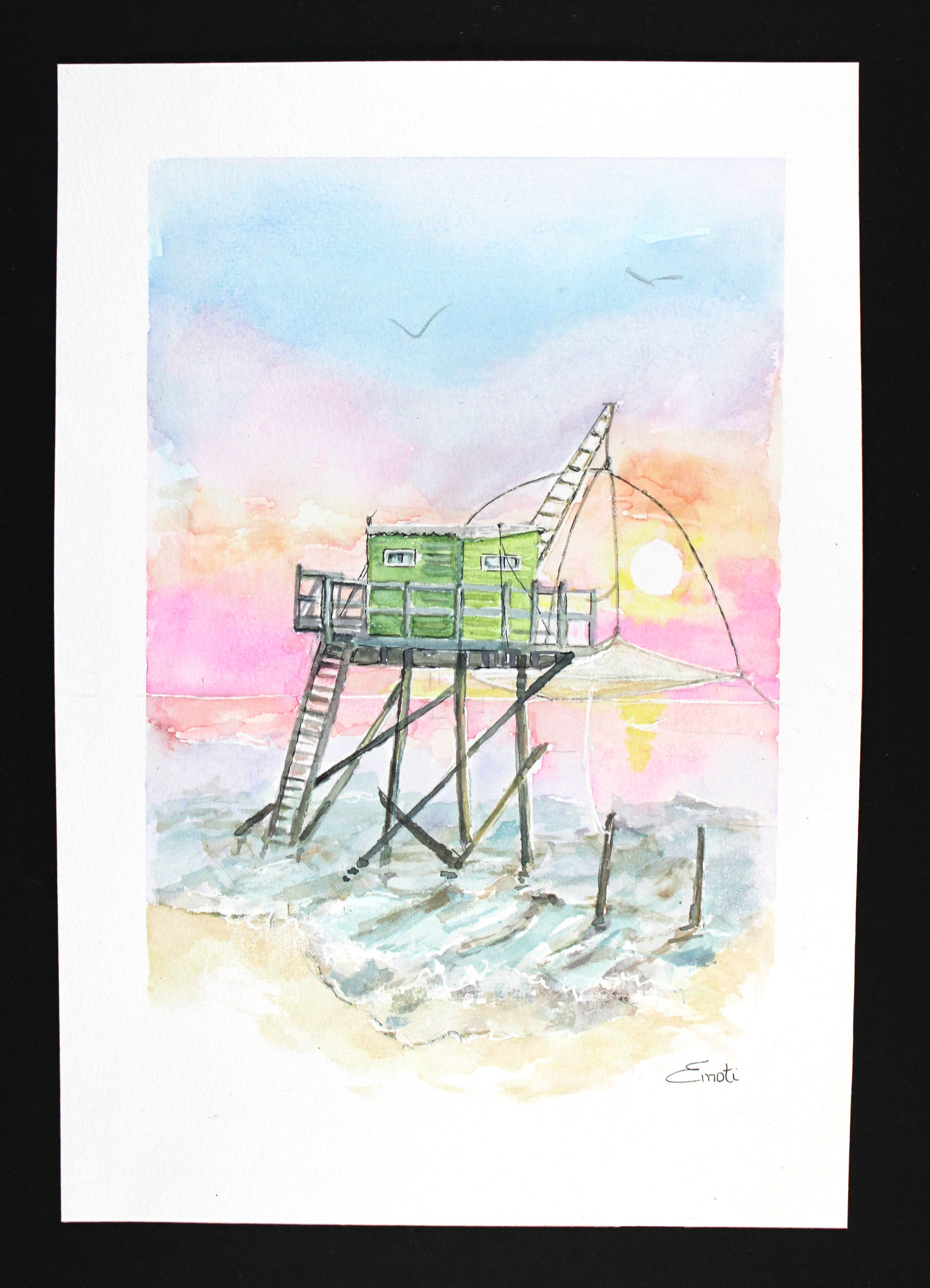 Aquarelle Originale - Carrelet vert ciel pastel