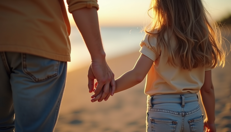 Close-up view of a parent and child holding hands during a calm conversation