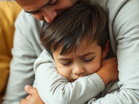 A parent offering comfort to a distressed child. During EMDR therapy, distress and symptoms may increase, so parents' support is an integral part of healing.