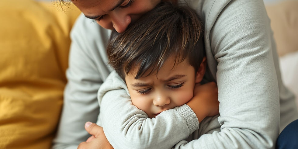 A parent offering comfort to a distressed child. During EMDR therapy, distress and symptoms may increase, so parents' support is an integral part of healing.