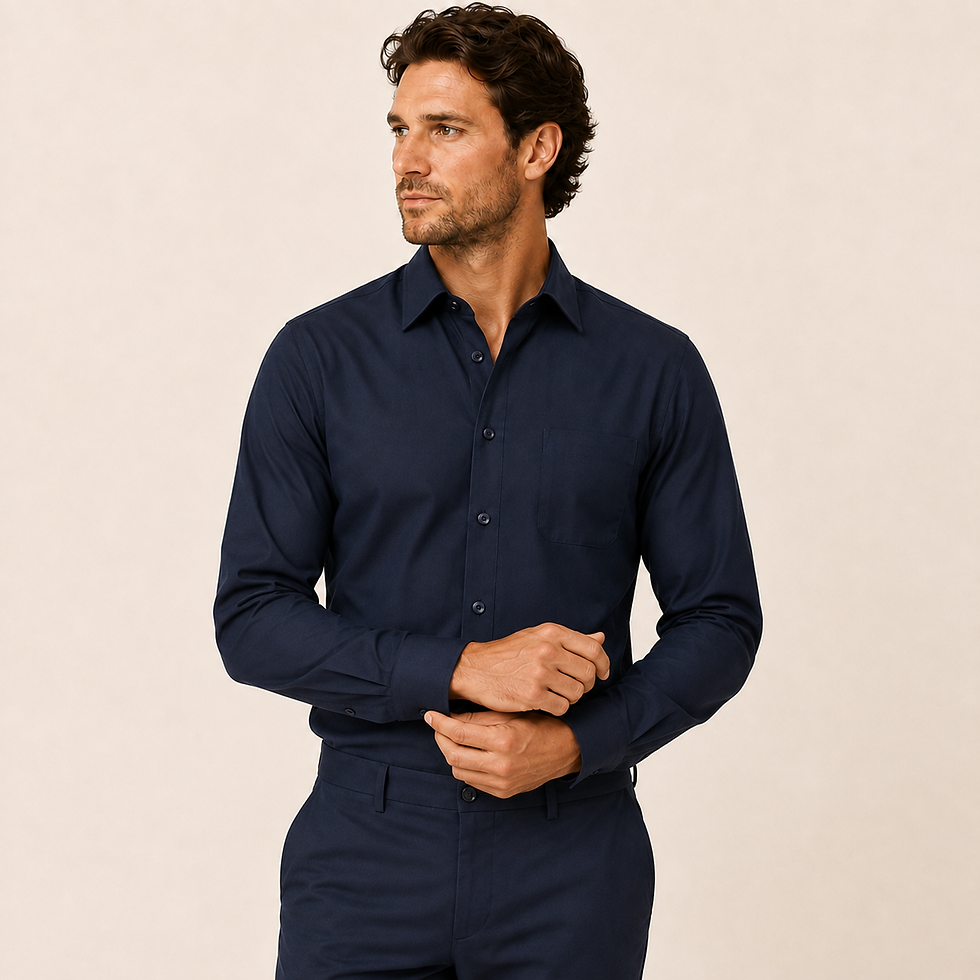 Sovereign navy dress shirt on Baron Menswear model