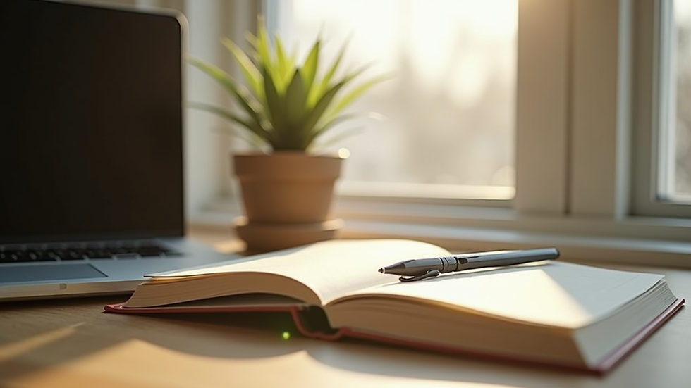 Eye-level view of a cozy workspace with a plant and a notebook
