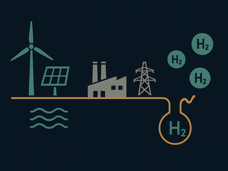 Illustration showing the journey of green hydrogen production under OBBBA, flowing from natural renewable sources like wind and solar to industrial electrolyzer plants, ending with clean hydrogen molecules representing viable projects