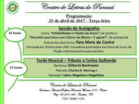 Programação para a próxima terça-feira - 25/04/2017 - Centro de Letras do Paraná