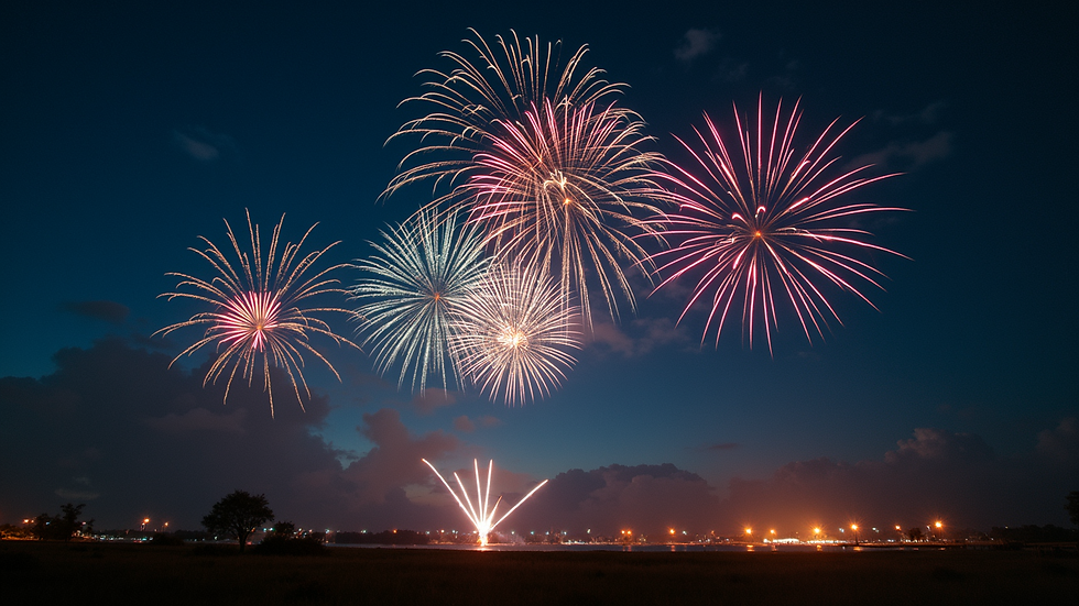Wide angle view of night sky filled with colorful fireworks
