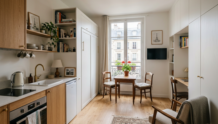 Vue grand angle d’un studio parisien compact avec lit escamotable et rangements intégrés