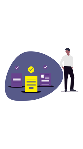 Illustration of a man standing next to a display of three documents with checkmarks, symbolizing completed tasks or approved items, representing asset management, documentation, or workflow validation