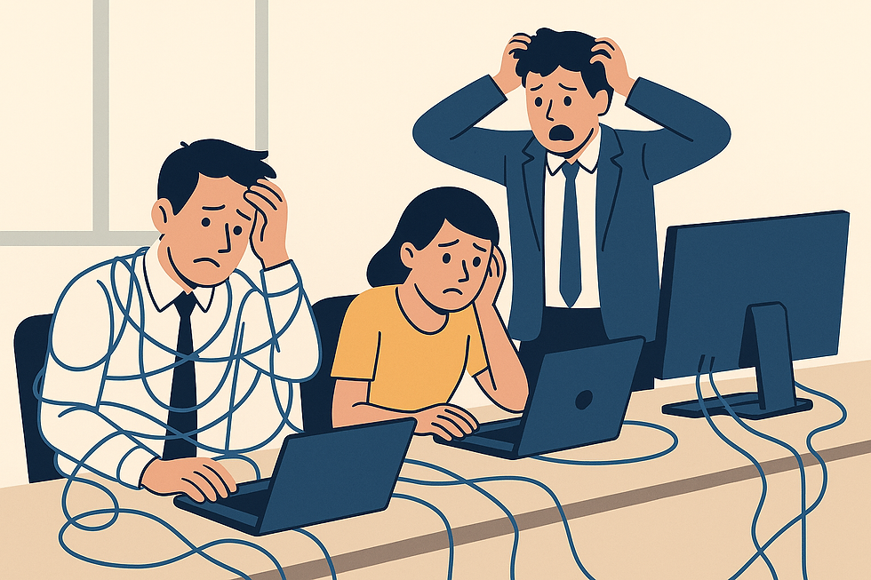 Three worried office workers at desks, tangled wires, laptops, and monitors. One checks his head, others appear stressed. Neutral background.