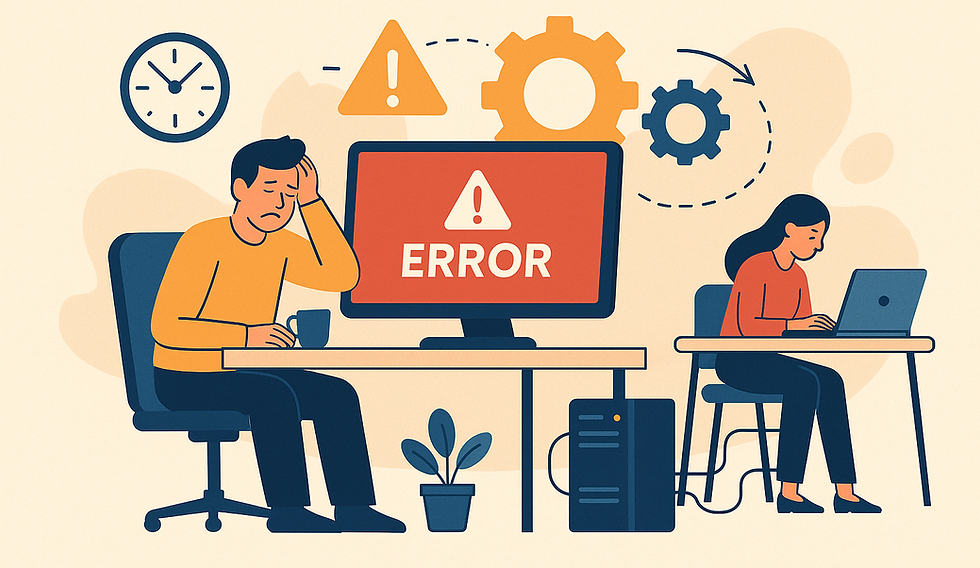 Man in orange shirt, looking frustrated at "Error" on computer screen. Woman nearby works on laptop. Office setting, clock on wall.