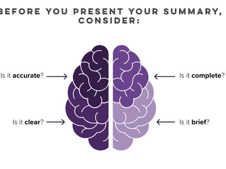Illustration of a brain labeled with four reflection questions: Is it accurate, clear, complete, and brief?