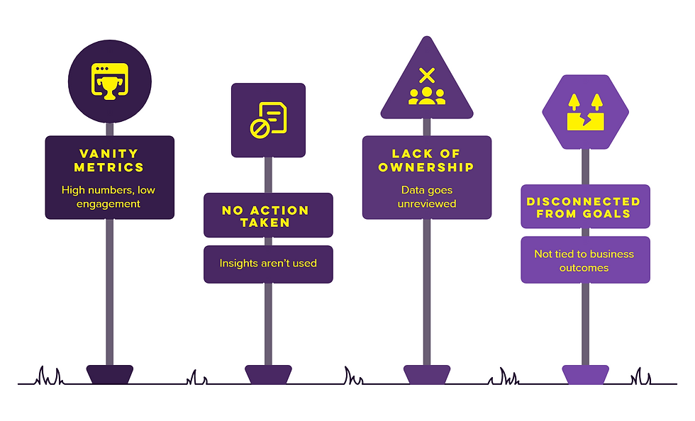 Common intranet data mistakes including vanity metrics, lack of ownership, no action taken, and disconnected goals.