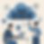 Man at laptop and woman with clipboard discuss cloud storage. Blue servers, icons, and flowchart on beige background convey data management theme.