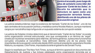 Justicia de EE. UU. descarta la existencia del “Cartel de los Soles” en caso contra Maduro.