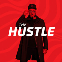 A silhouette of Roger Sanchez wearing a black trench coat and glasses against a dark red background. The Hustle Logo is in the foreground.