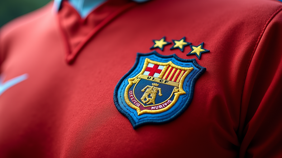 Close-up view of a retro soccer jersey’s embroidered badge and fabric texture