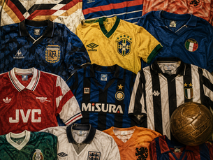 Collection of vintage soccer jerseys.