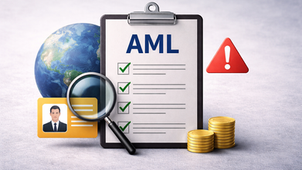 Clipboard cu checklist AML, lupă peste un card de identitate, monede și simbol de avertizare pe fundal gri deschis, reprezentând procesul de evaluare a riscurilor AML