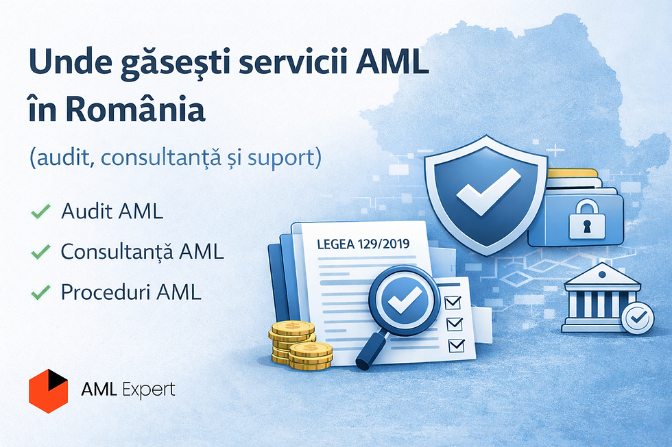 Ilustratie servicii AML in Romania, incluzand audit AML, consultanta si proceduri, cu documente, lupa si simboluri de conformitate.