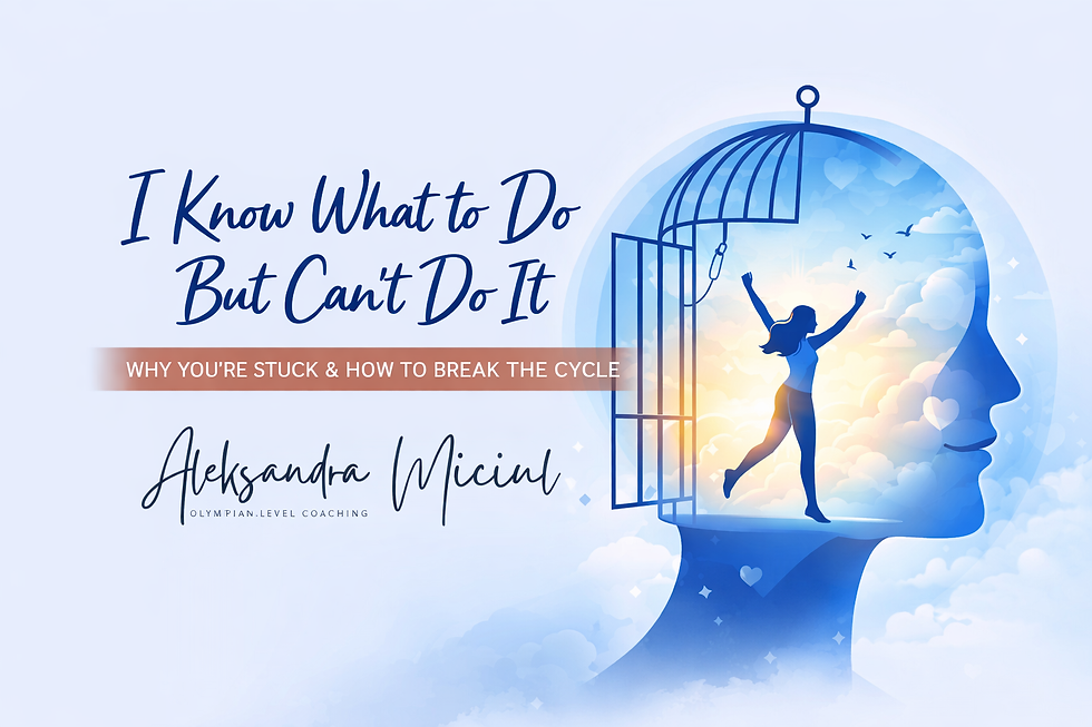 Silhouette of a woman leaping from a head-shaped cage into a bright sky. Text: "I Know What to Do But Can't Do It" by Aleksandra Miciul london best online life coach