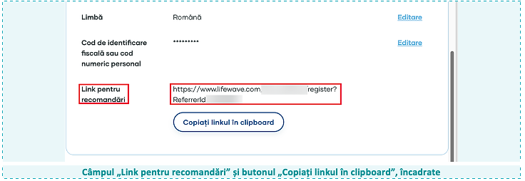 Câmpul „Link pentru recomandări” și butonul „Copiați linkul în clipboard”, încadrate