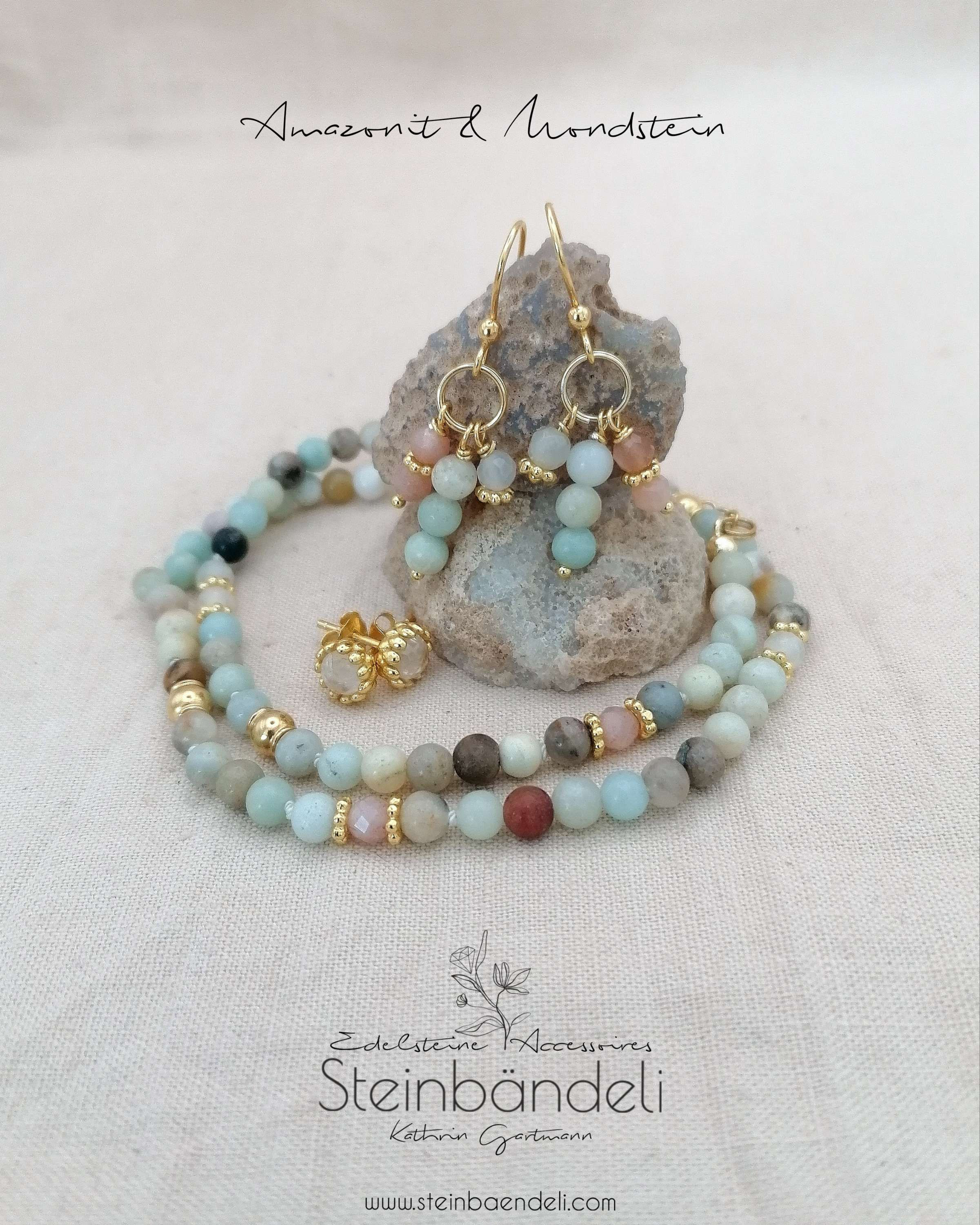 Steinbändeli Halskette Amazonit-Mondstein/vergoldet 