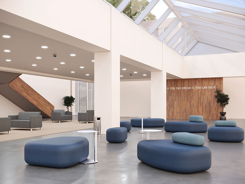 Koa ottomans, Tas laptop table, and Ace sofas all in an open corridor-type space.