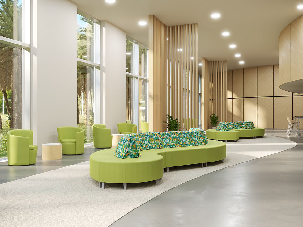Flexxform's Ace 2.0, Via, and Sky table collections in an open corridor or media center.