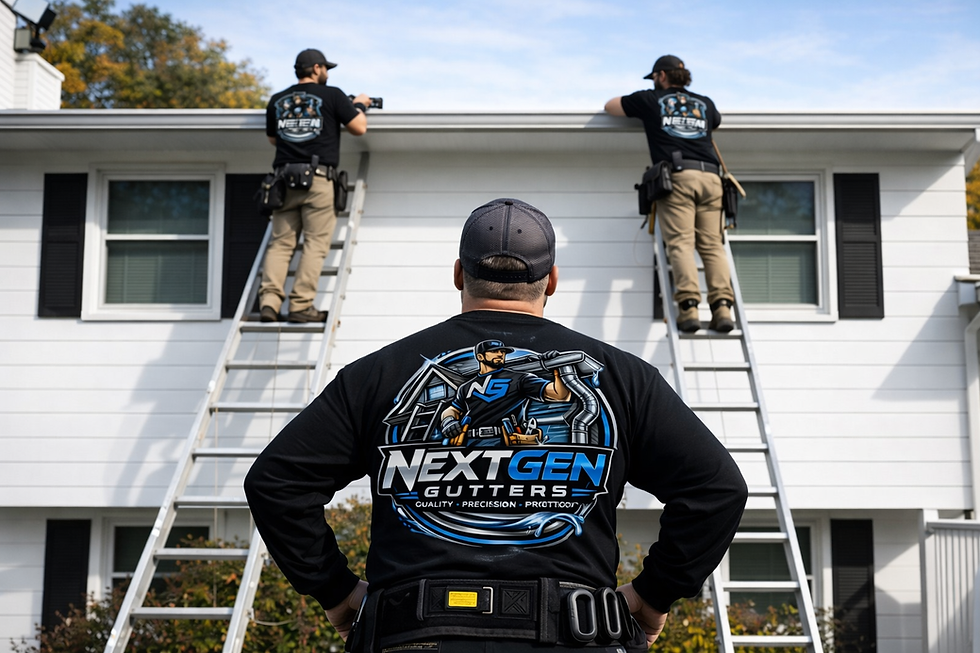 Gutter installation team working on ladder while supervisor inspects house in Jacksonville Florida