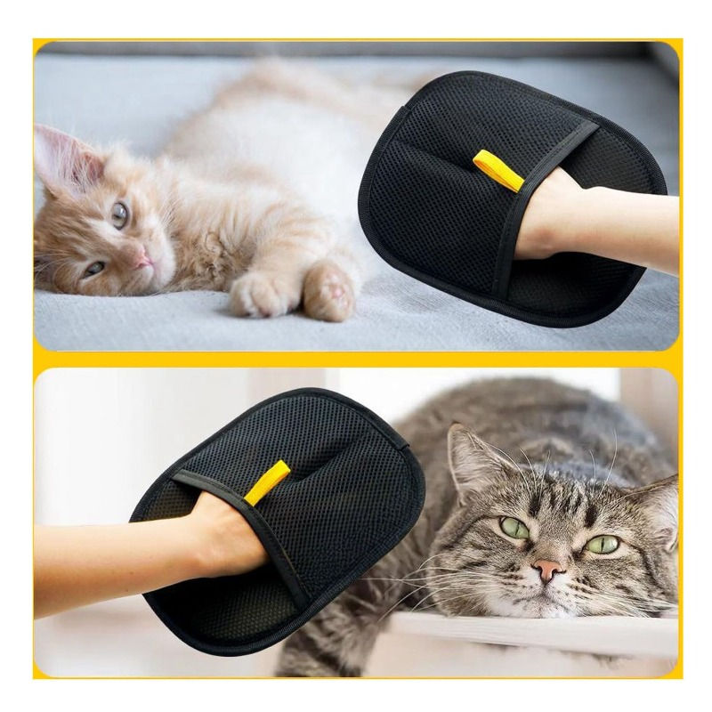 Miniatura: Luva preta de pentear gatos com gato laranja e tigrado.