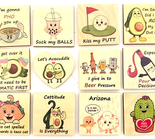 We hand print our funny food pun designs on wood.  Pun wood gifts such as wood magnets, coasters, and key chains.  