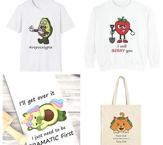 Funny food pun merchandise including shirts, sweatshirts, hoodies, kitchen towels, tote bags, and more.
