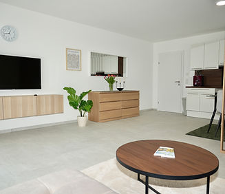 Wohnzimmer der Ferienwohnung Mary mit Fernseher und Couchtisch