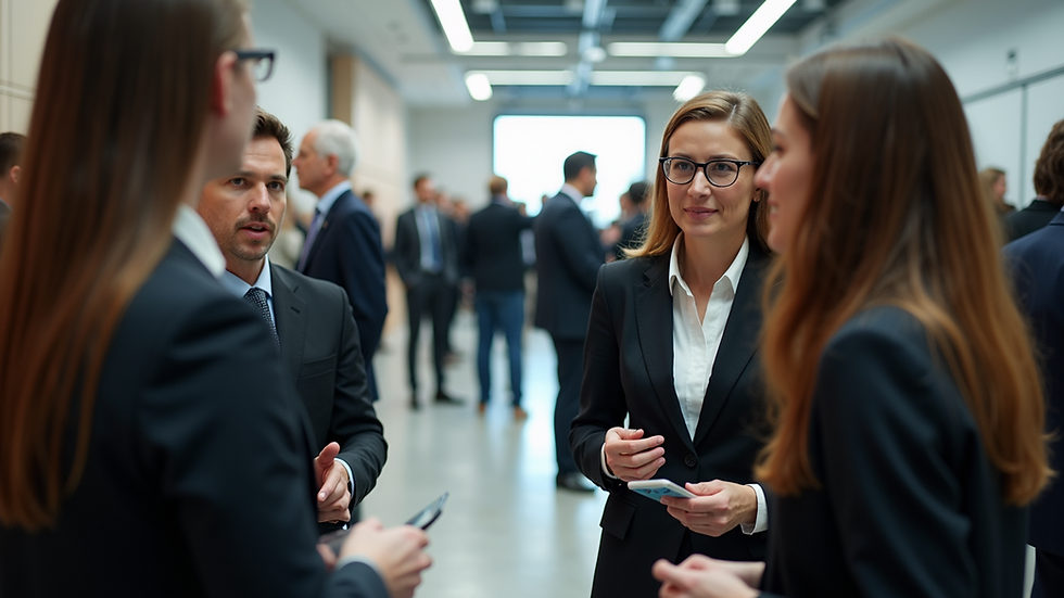 Eye-level view of a job fair with people networking